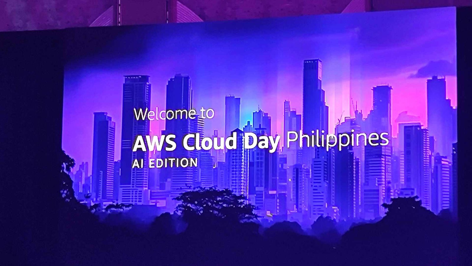 Large event screen displaying “Welcome to AWS Cloud Day Philippines – AI Edition” during the opening of the AWS Cloud Day Philippines 2025 AI Edition.