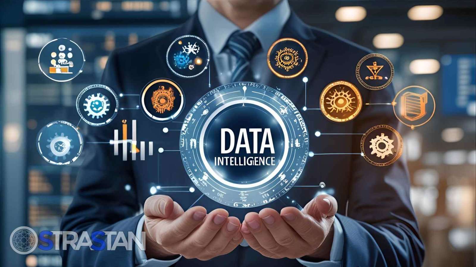 A professional in a suit holding a futuristic holographic interface that reads "Data Intelligence," representing how StraStan transforms business data into actionable insights using "GCP Vertex AI".