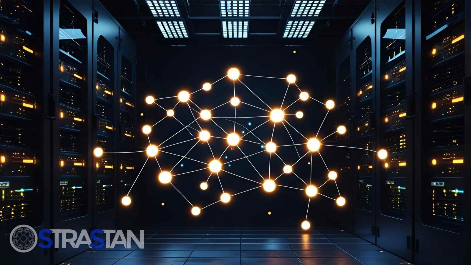  A glowing neural network floating between server racks, symbolizing how StraStan uses the diverse foundation models available through AWS Bedrock to build interconnected AI solutions.