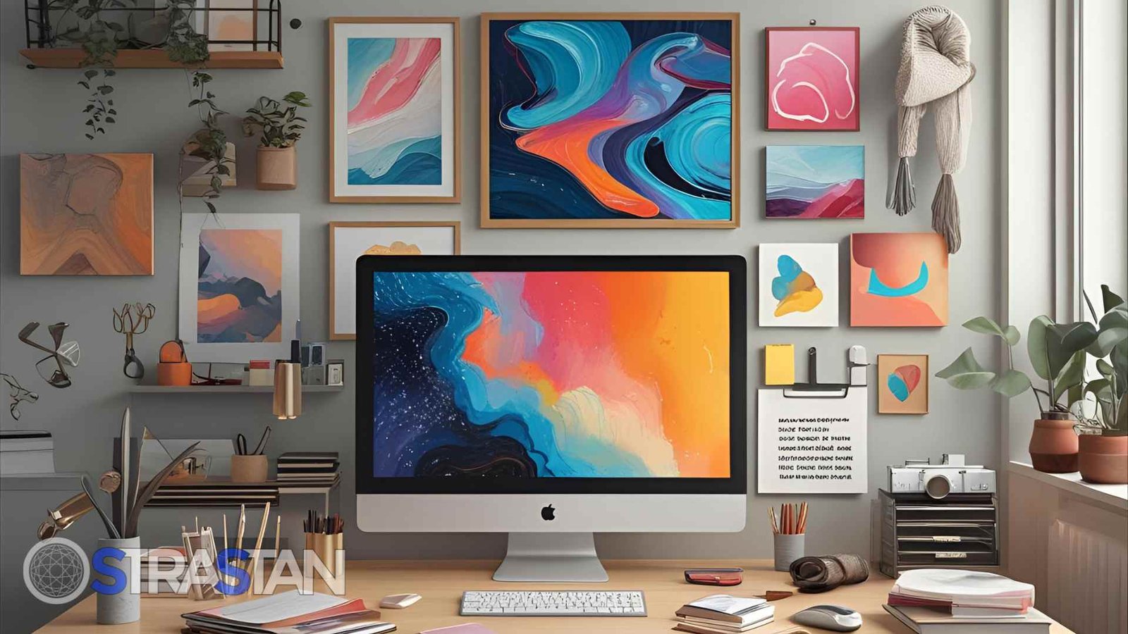  creative and artistic workspace where the computer monitor displays vibrant, colorful art, showcasing the generative content capabilities StraStan develops using AWS Bedrock.