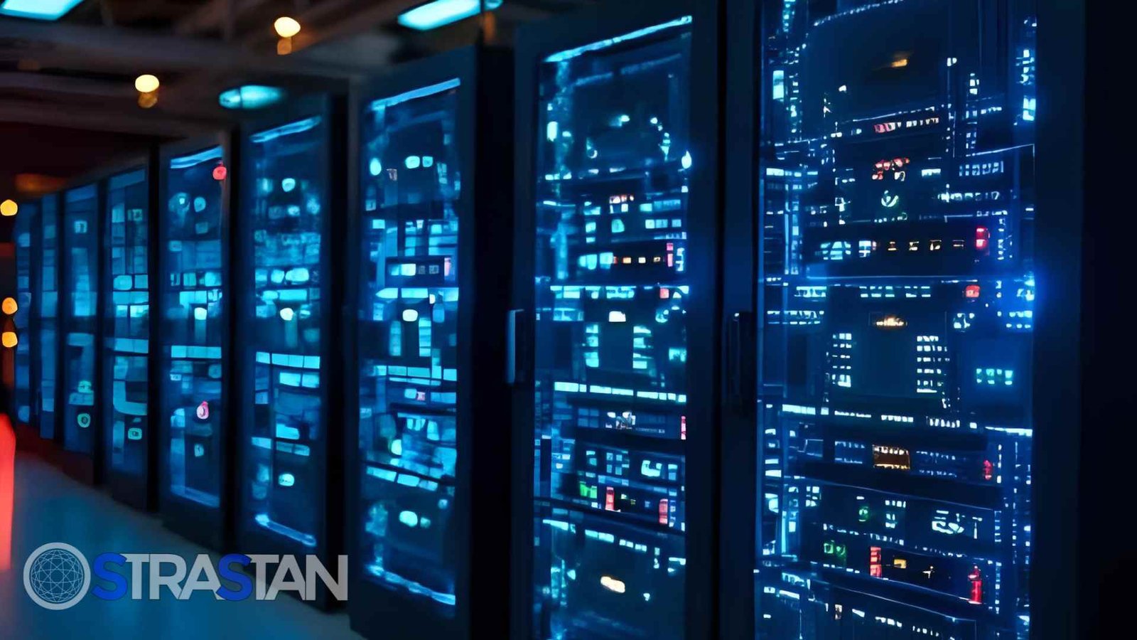 A long hallway of futuristic server racks with glowing blue lights, representing the powerful, fully managed infrastructure that AWS Bedrock provides for StraStan's enterprise-grade AI solutions.