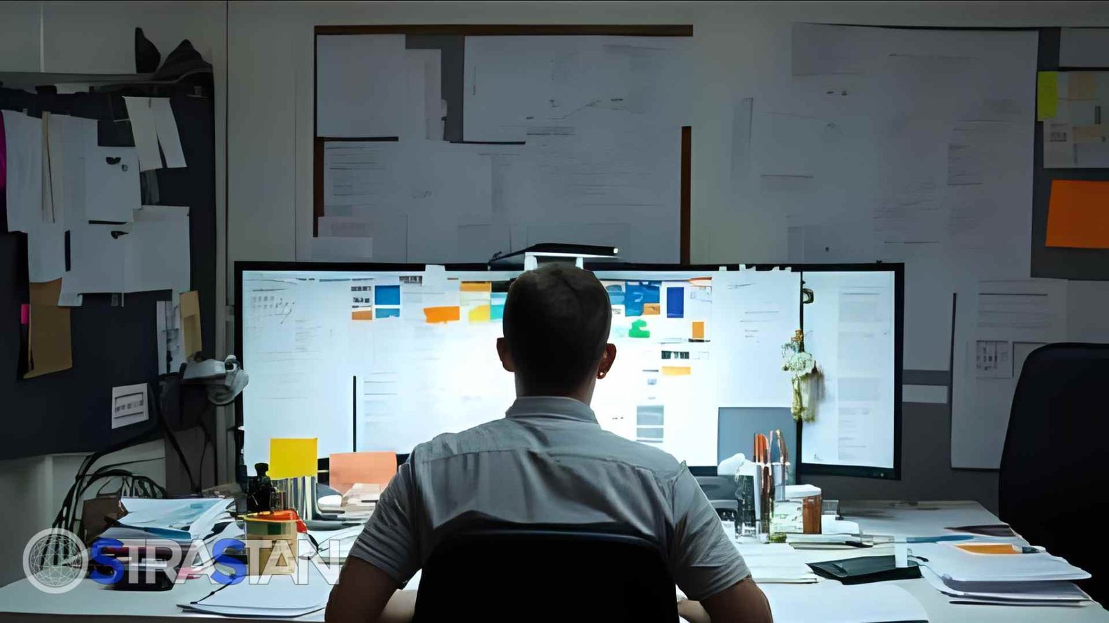 A person sits with their back to the viewer, intensely focused on a large, multi-screen computer display filled with various data, charts, and diagrams. The desk is cluttered with papers and notes, suggesting complex information processing and decision-making. The environment implies a deep dive into data analysis or system oversight, characteristic of human interaction with agentic AI automation.