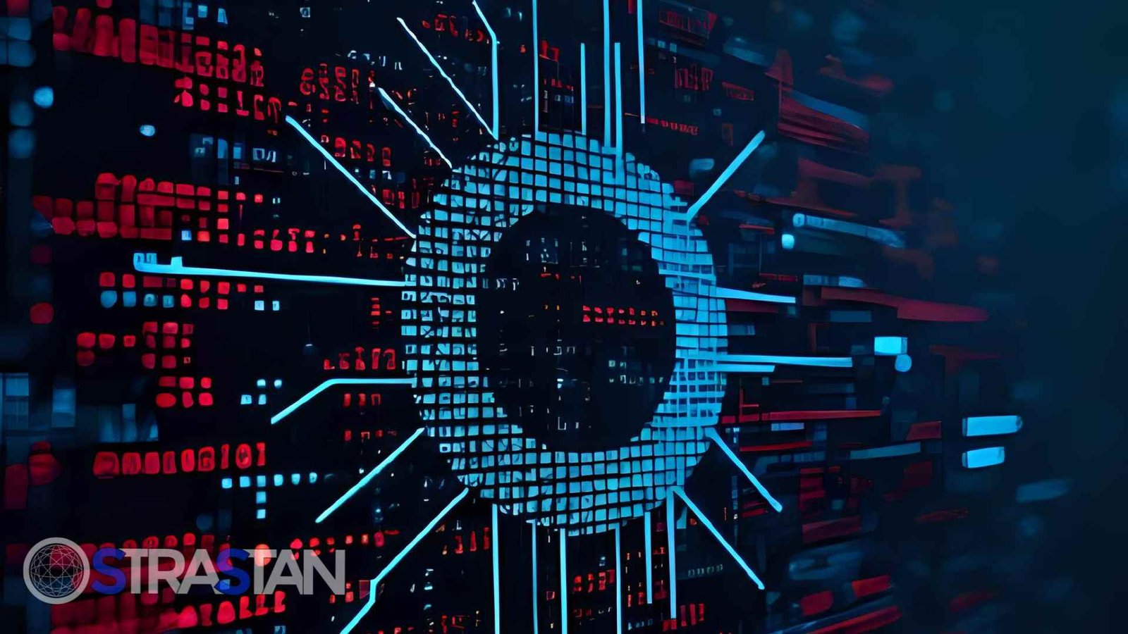 An abstract digital representation of an eye, composed of blue and black pixels with glowing blue lines extending outwards, set against a dark background with red binary code, representing Agentic AI automation perception and processing capabilities.