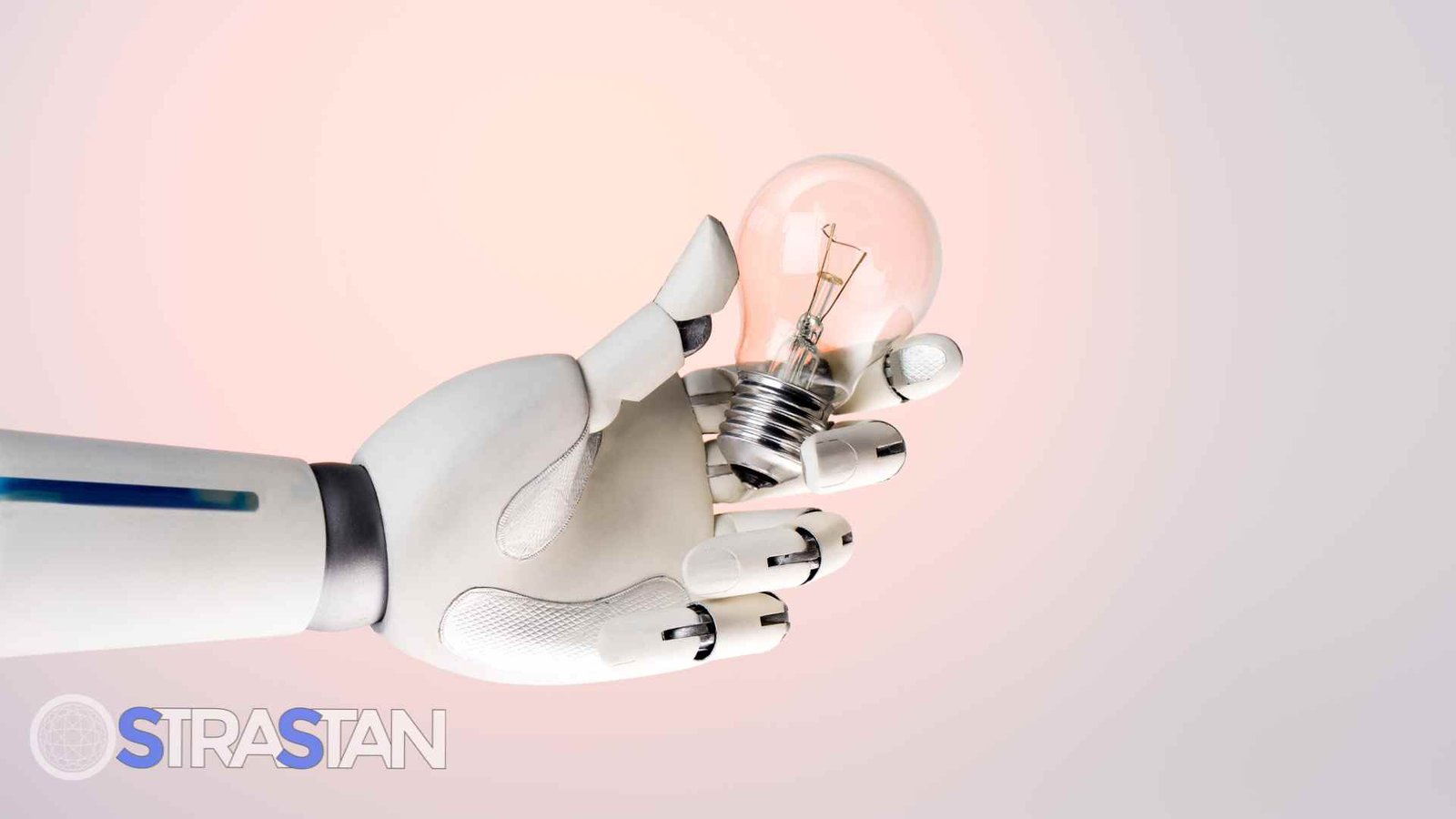 A futuristic white robotic hand, representing innovation at StraStan Solutions Corp., holds a clear lightbulb against a soft pink and white gradient background.