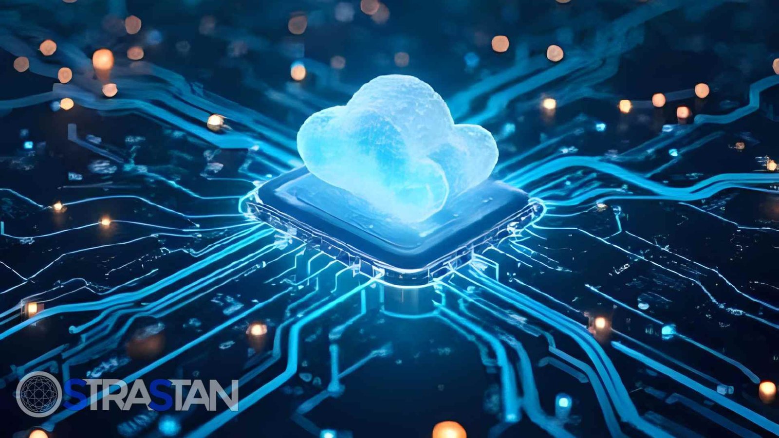 A glowing cloud icon resting on a computer chip, symbolizing the foundational cloud infrastructure provided by the AWS Startup Program.