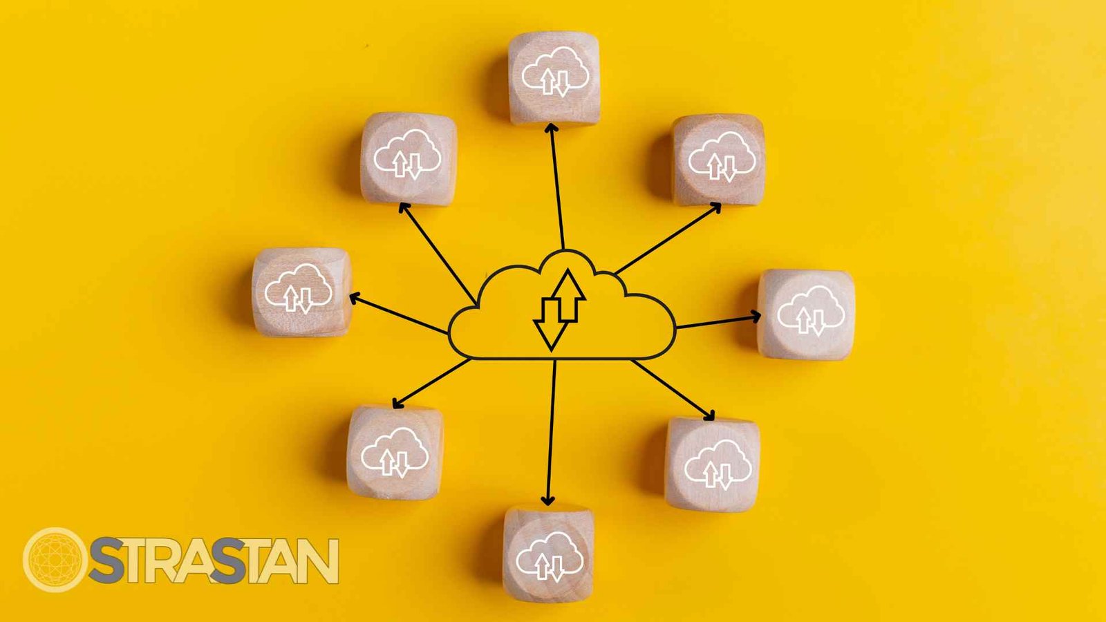 A central cloud icon connects to eight smaller cloud icons on wooden blocks, illustrating a strategic blueprint for cloud infrastructure modernization.