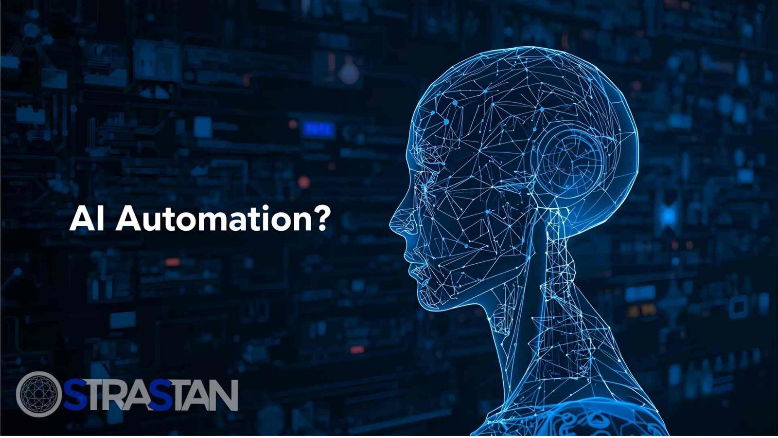 A stylized, wireframe-like profile of a human head and shoulders, with the text "AI Automation?" next to it, set against a dark, circuit-board background.