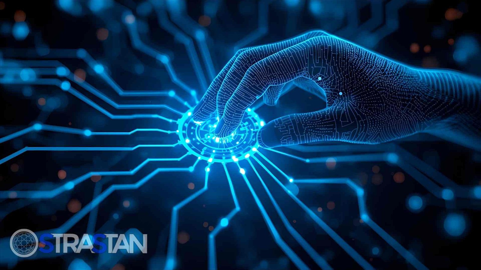 A stylized, wireframe-like profile of a human head and shoulders, with the text "AI Automation?" next to it, set against a dark, circuit-board background.