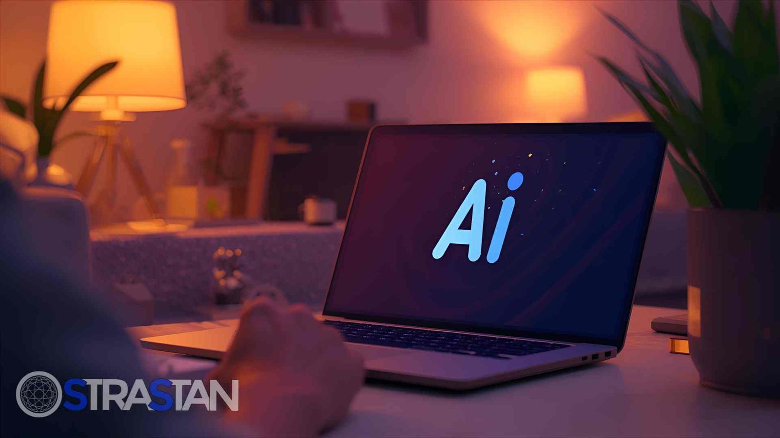 A person's hand reaches for a laptop displaying the stylized letters "Ai" on its screen in a dimly lit room.