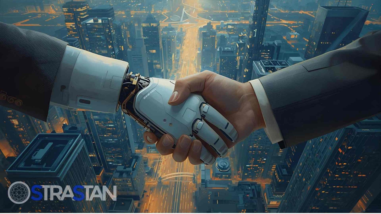 A human hand in a business suit shakes a futuristic, robotic hand against the backdrop of a futuristic city skyline.

