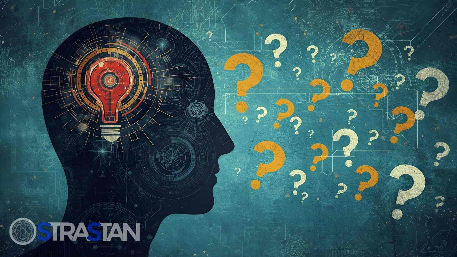 A silhouette of a human head in profile with a glowing lightbulb representing an idea on the left, and numerous yellow and white question marks floating out from the right side, symbolizing common FAQs.