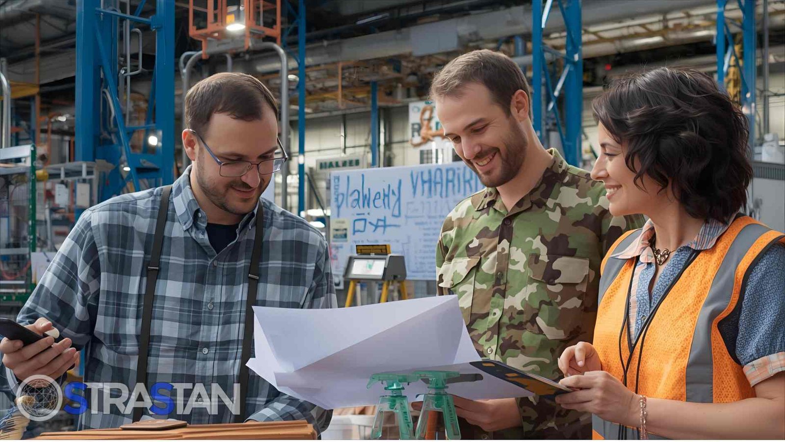 Three professionals, two men and one woman, in a modern industrial setting, smiling and looking at documents and a tablet, engaging in a discussion to answer business FAQs.