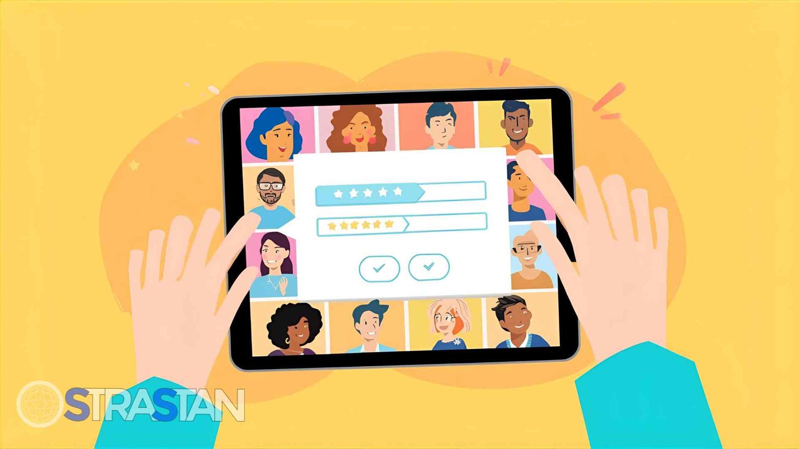 Hands holding a tablet displaying customer reviews and star ratings, emphasizing improved customer satisfaction and its impact on app ROI.