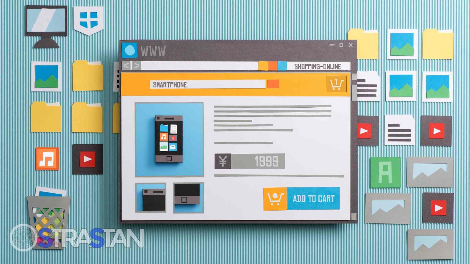 A paper cutout representation of an e-commerce website with a smartphone, illustrating the web-based experience in mobile vs web apps.