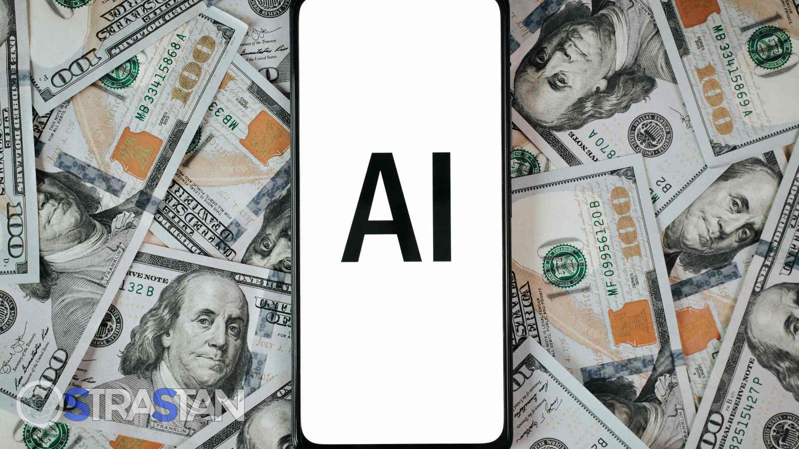 A smartphone displaying "AI" resting on a pile of money, symbolizing the profitability of integrating artificial intelligence SME solutions into a business website.