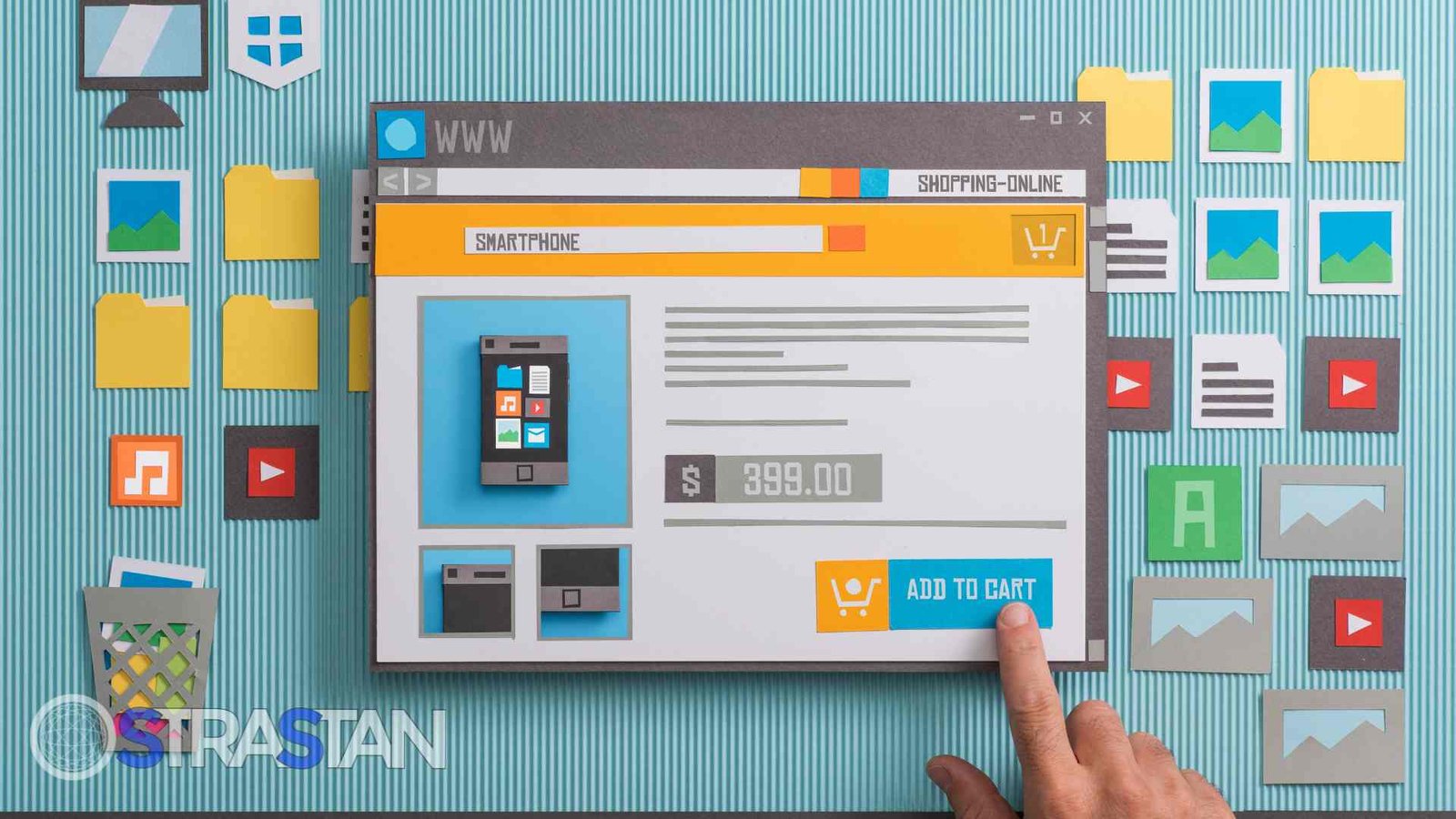 A paper cutout of an e-commerce product page with a finger adding an item to the cart, representing online store functionality as essential SME solutions.