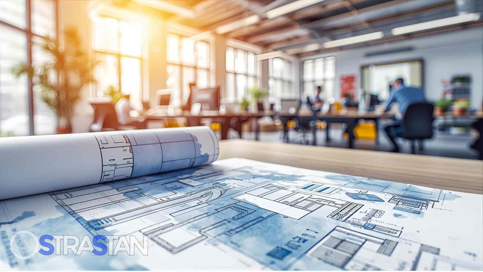 Architectural blueprints on a desk with a blurred office background, symbolizing the foundational planning phase of dev hiring.
