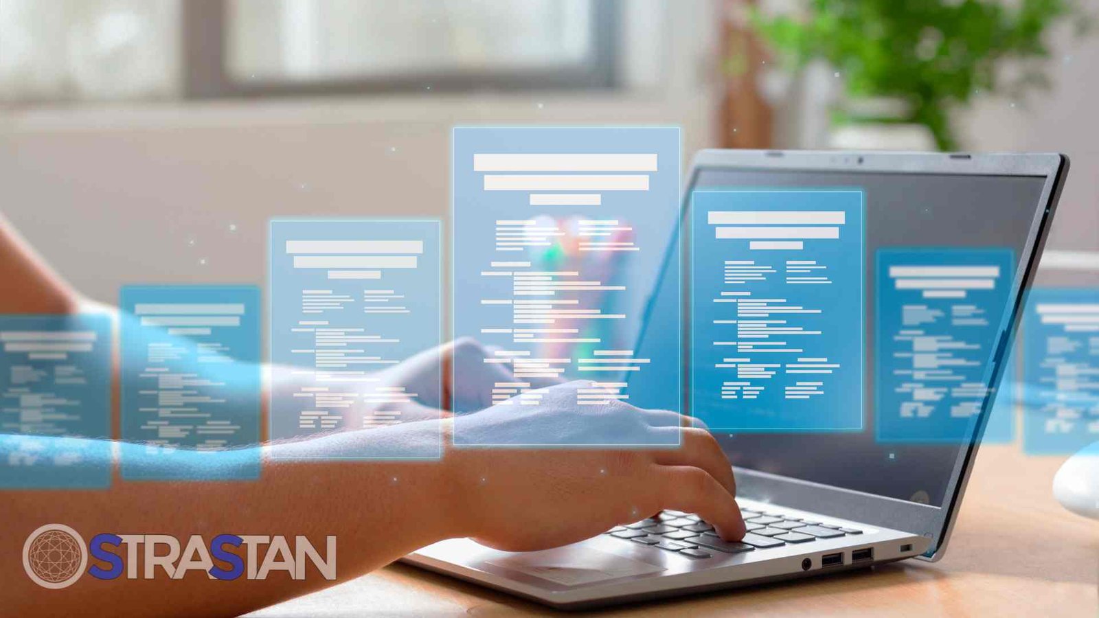 A person typing on a laptop with digital documents floating above, symbolizing the improved workflow and document management with custom apps.