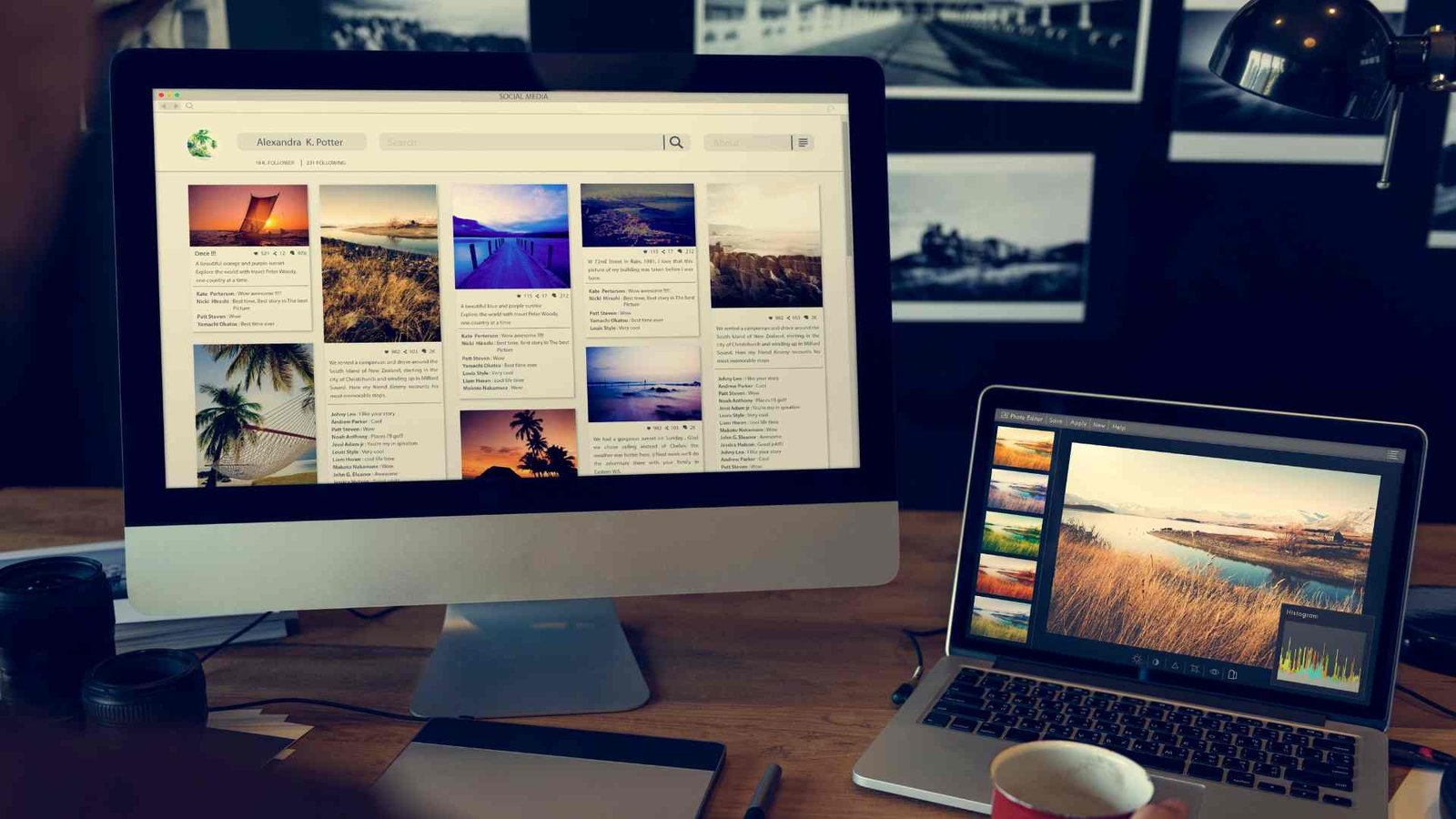 A desktop and laptop on a desk showing a social media profile and photo editing software, representing the brand and design advantages of custom apps.