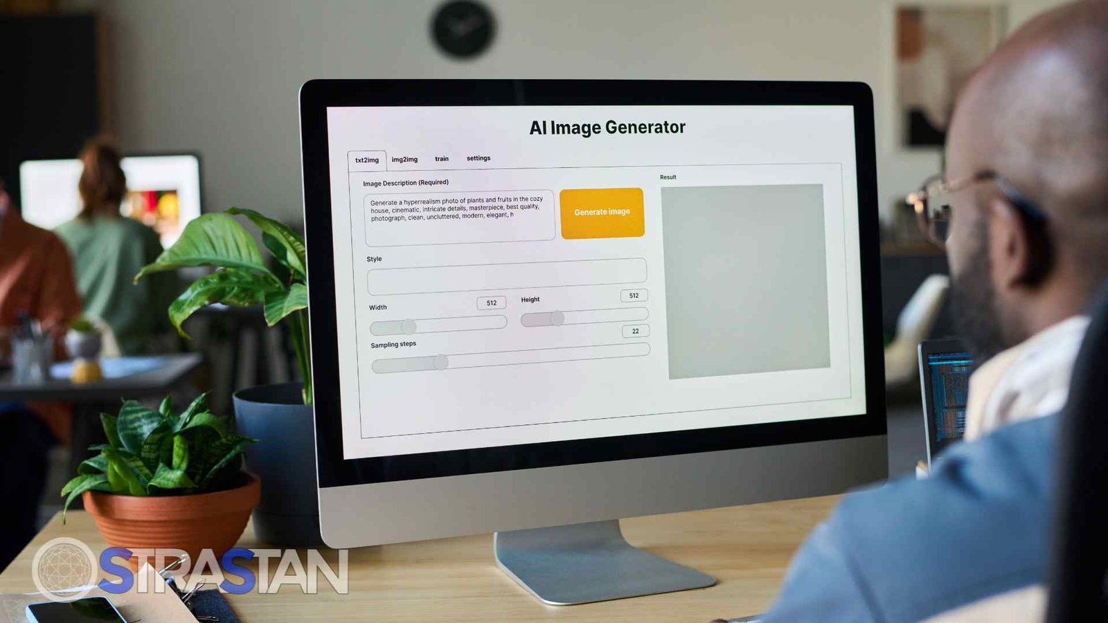 A person using a desktop computer showing an "AI Image Generator" interface, highlighting the advanced functionalities often found in web applications, suitable for Tech Comparisons.