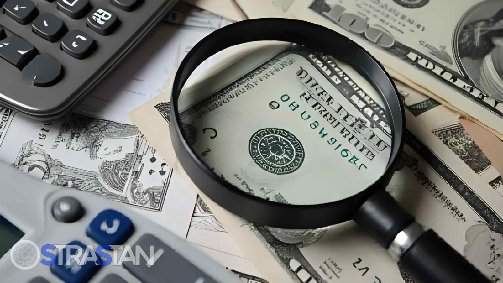 A magnifying glass examining a dollar bill surrounded by a calculator and other currency, symbolizing the careful financial consideration and investment made when a business opts to select custom solutions.